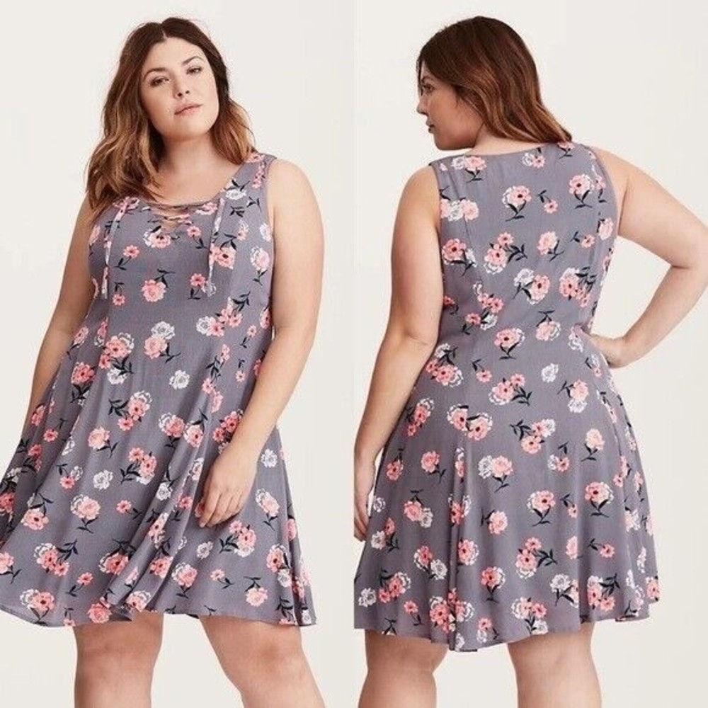 Torrid Dress Size 2 (18-20) Multicolor Lined Floral Print Lace Up Gauze Trapeze